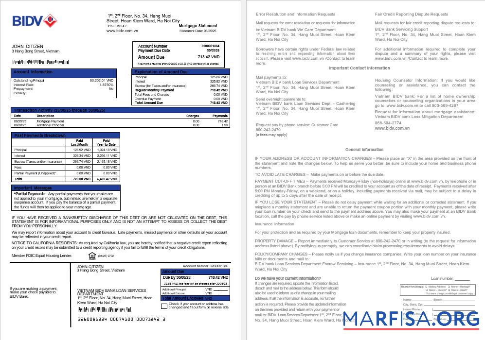Printable Vietnam BIDV bank mortgage statement in Word and PDF formats example